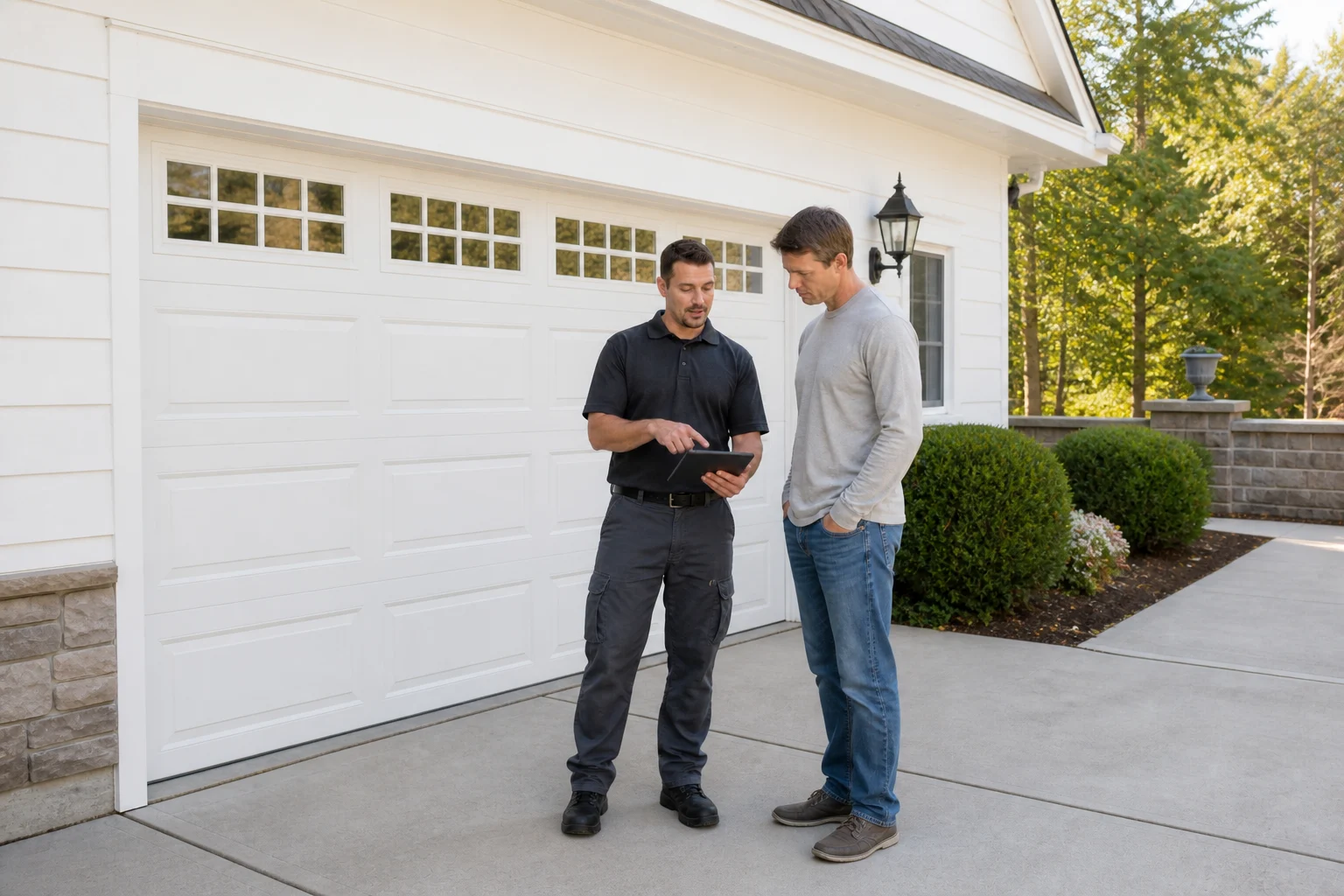 Derby Strong technician advising a homeowner by a white garage door