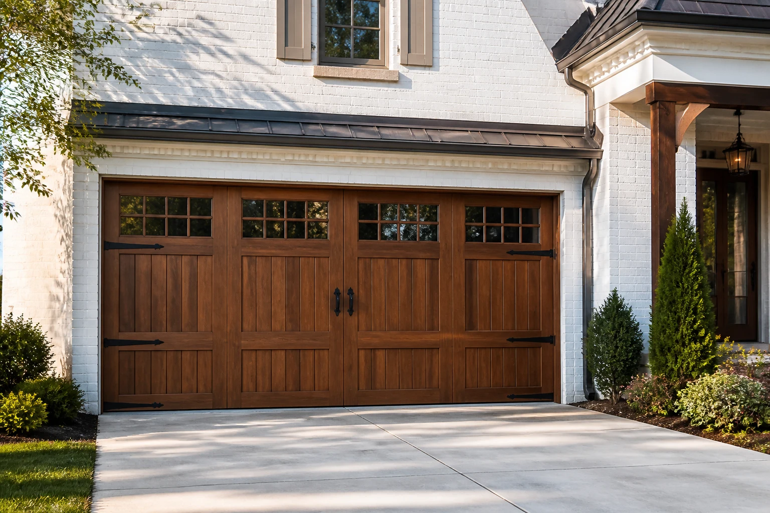 Wood-look carriage garage door on a light-colored home