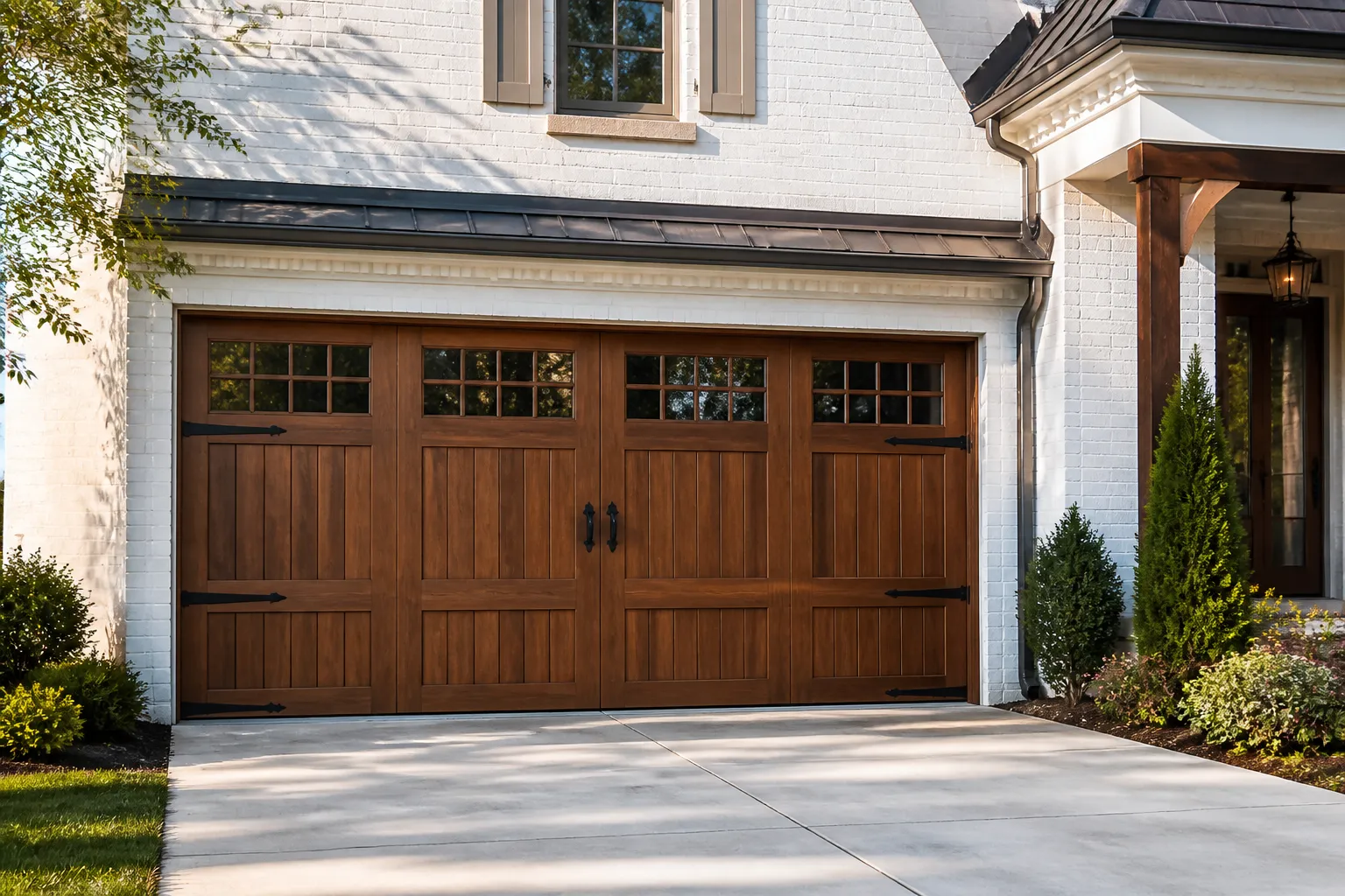 Wood-look carriage garage door on a white brick home in daylight