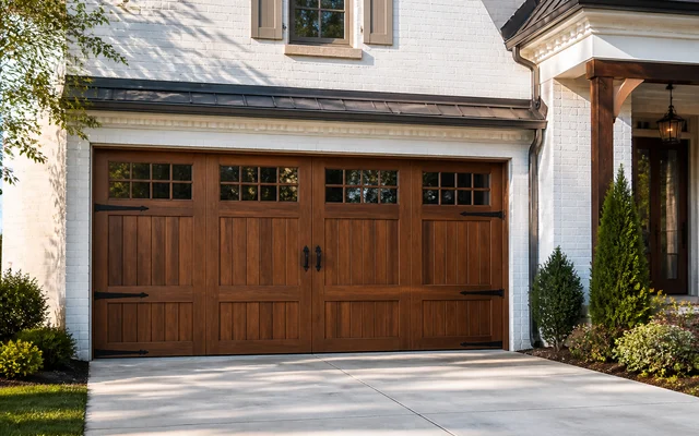Wood-look carriage garage door with top windows and black hardware