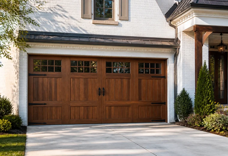 Warm wood carriage-style garage door on a white-brick home