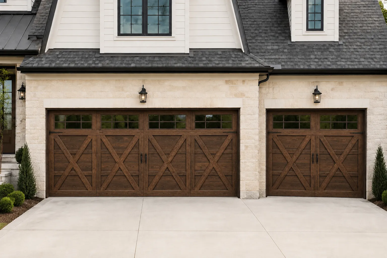 Brown wood-look carriage-style garage doors with cross-buck panels